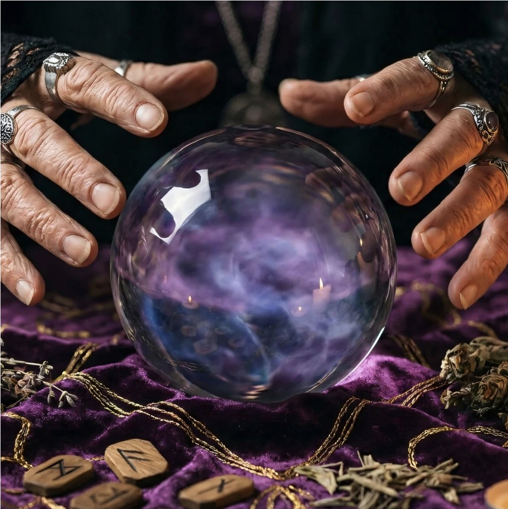 Ringed hands surrounding a purple crystal sphere on a velvet-covered table