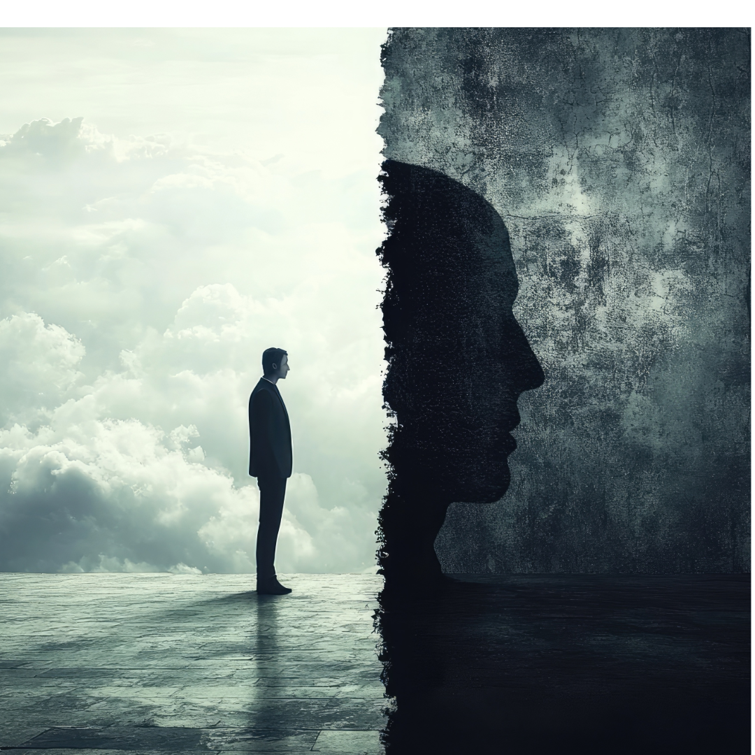 A person facing a monumental shadowed profile between darkness and a luminous sky