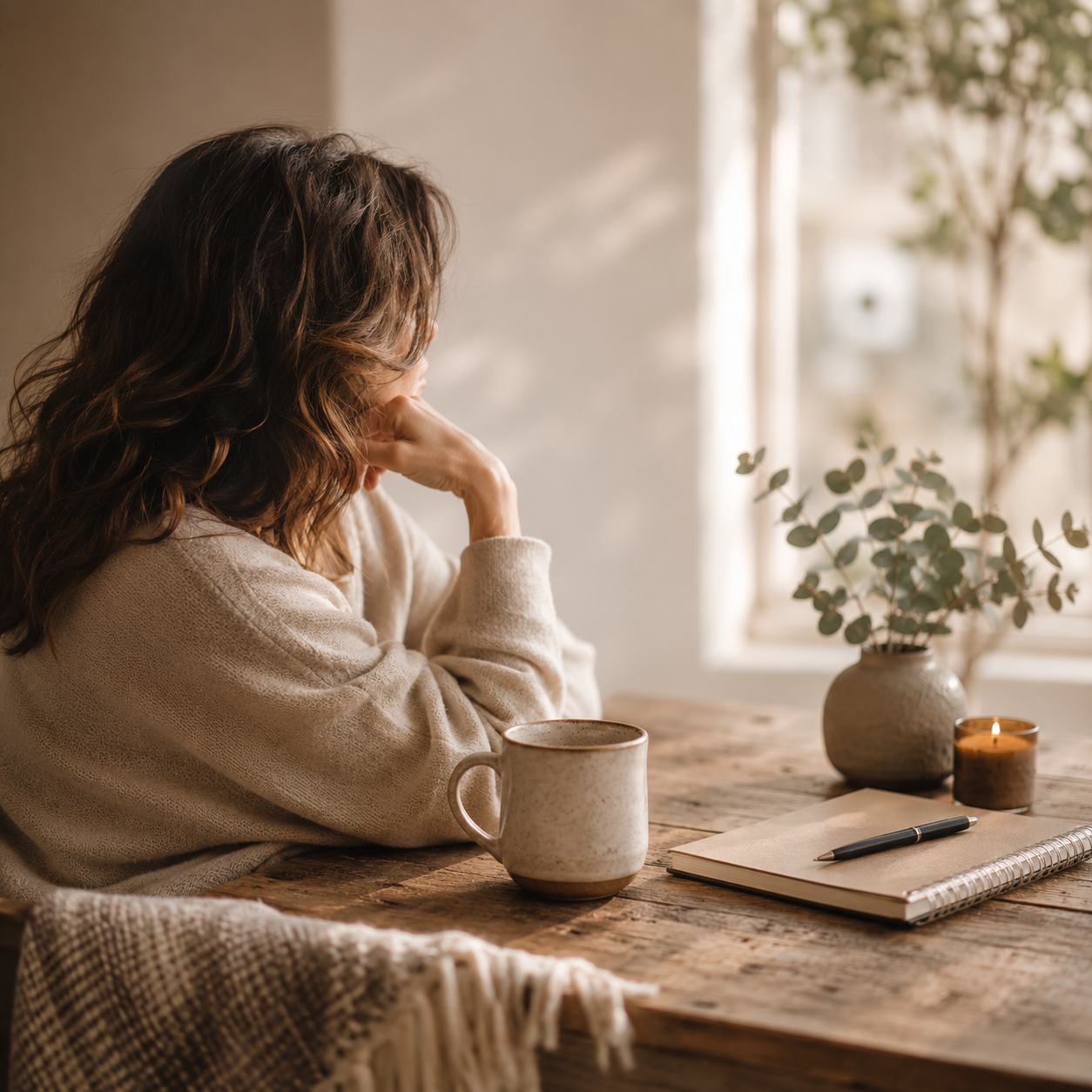 Person sitting with a journal beside a candle and plant in a sunlit room