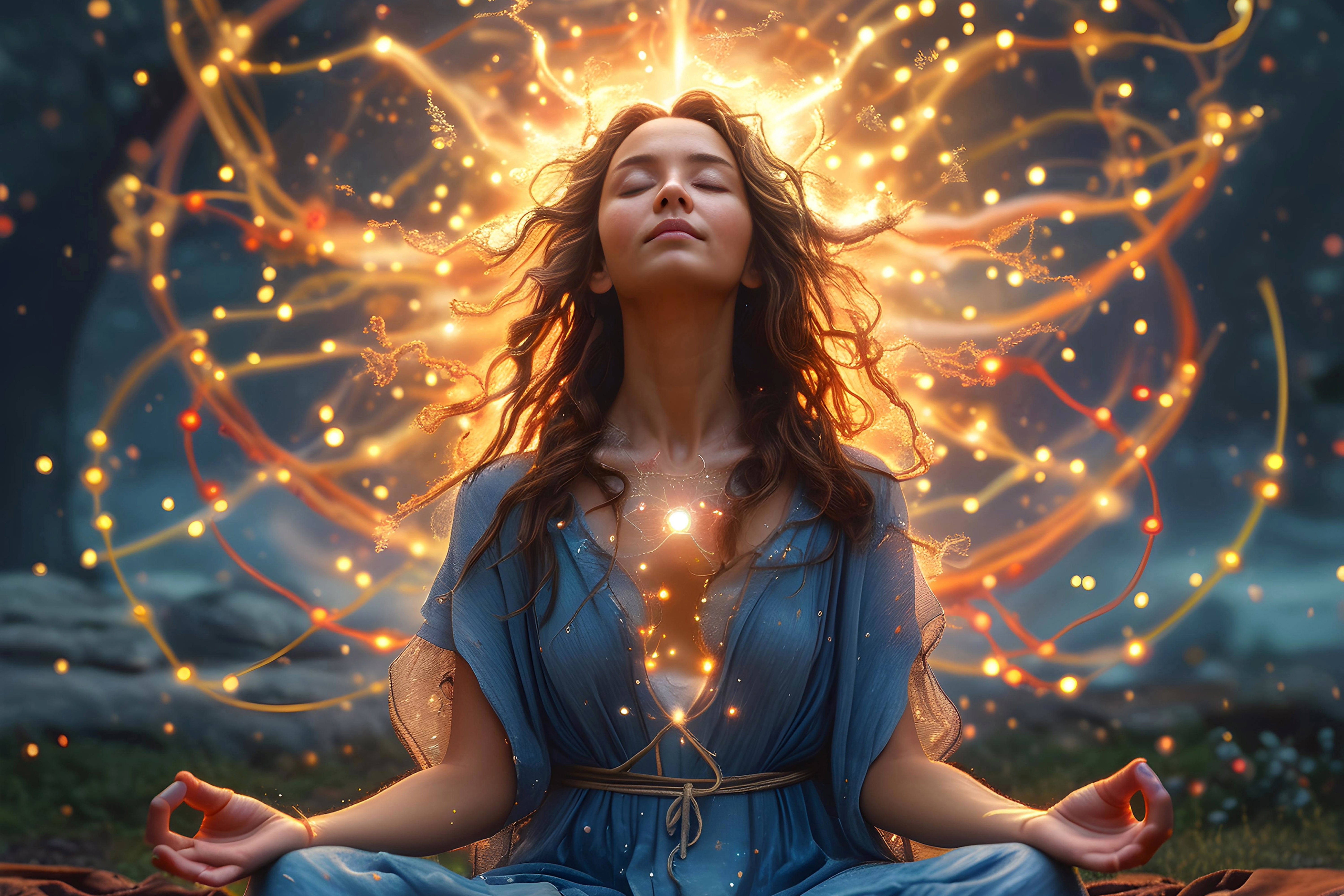 Woman seated quietly with eyes closed, surrounded by warm glowing strands of light
